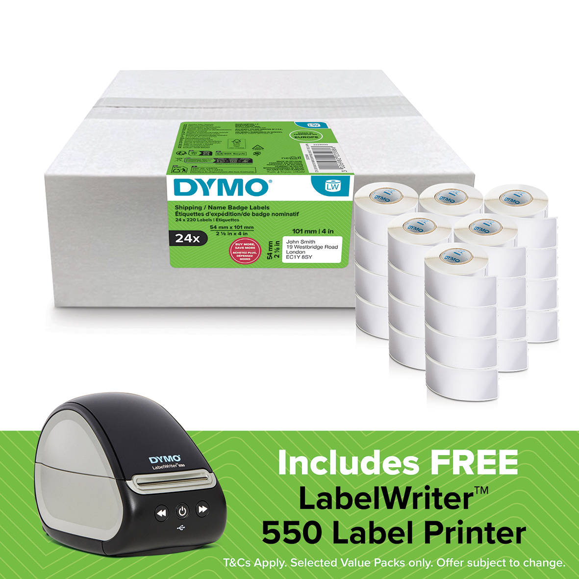 FREE DYMO LW550 Printer – DYMO Authentic LabelWriter Large Shipping Labels /Name Badges 54mm x 101mm | 24 Rolls