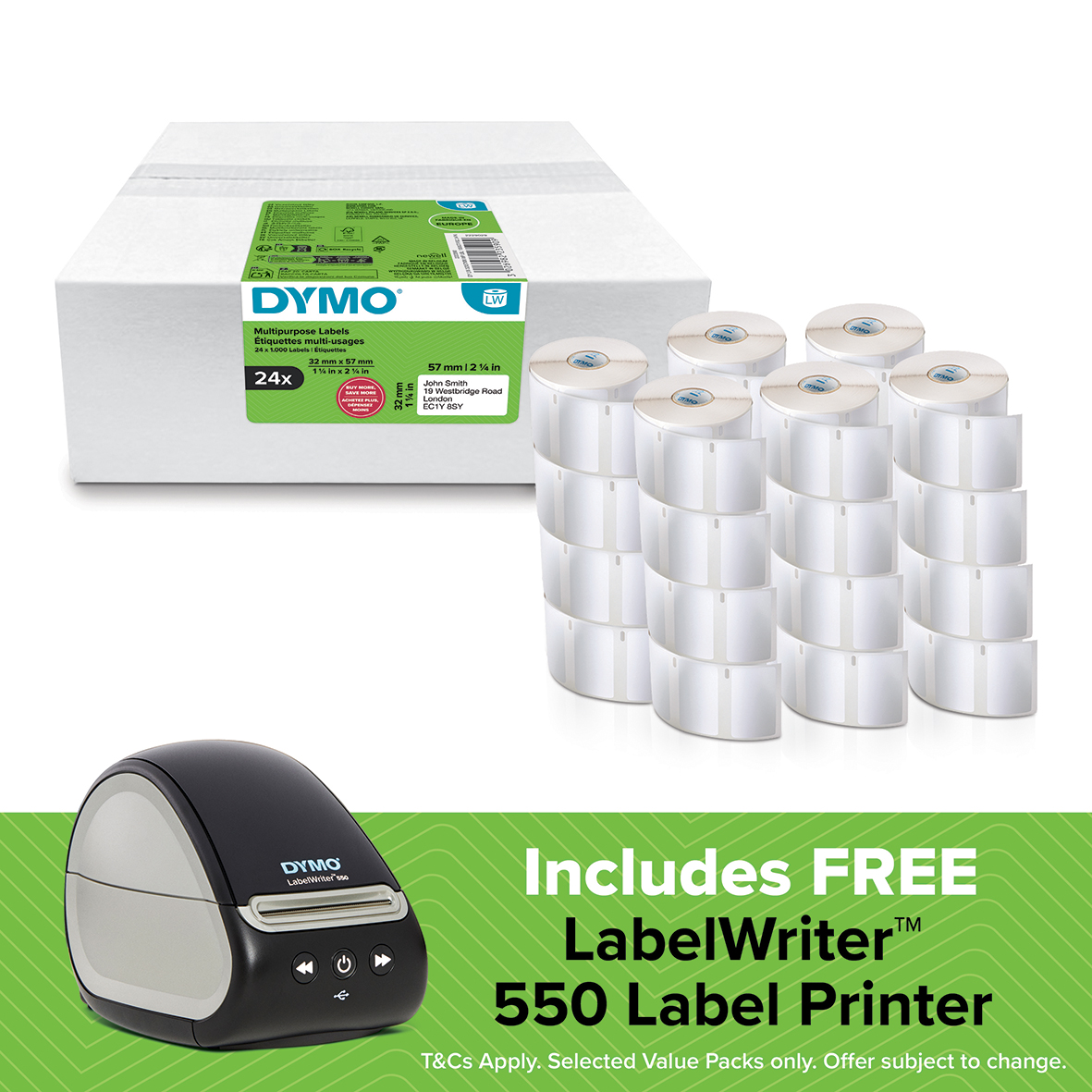 FREE DYMO LW550 Printer – DYMO Authentic LabelWriter Multi-Purpose Labels 32mm x 57mm | 24 Rolls