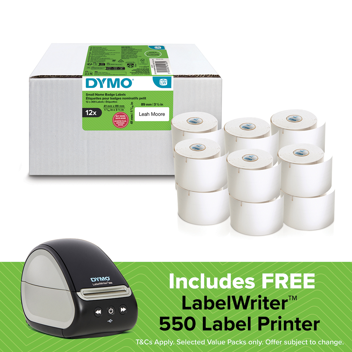 FREE DYMO LW550 Printer – DYMO Authentic LabelWriter Small Name Badge Labels | 41mm x 89mm | 12 Rolls