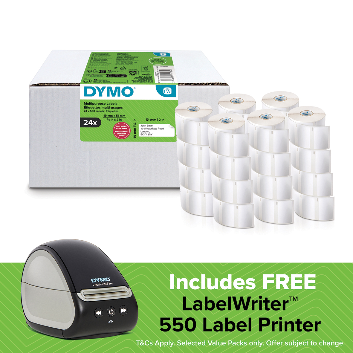 FREE DYMO LW550 Printer – DYMO Authentic LabelWriter Small Multi-Purpose Labels 19mm x 51mm | 24 Rolls 