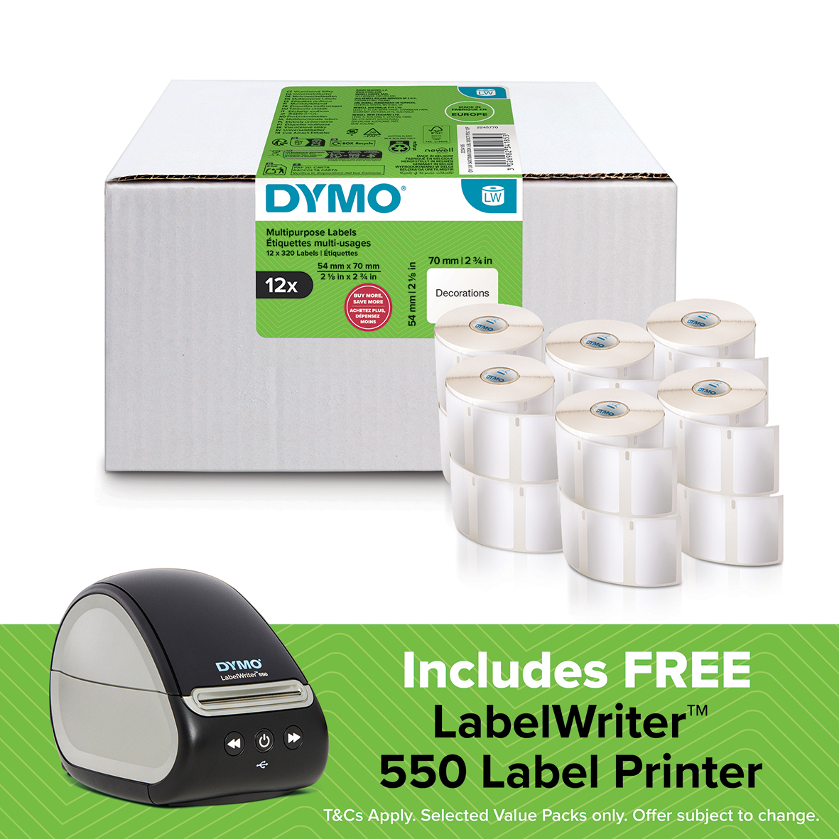 FREE DYMO LW550 Printer – DYMO Authentic LabelWriter Multi-Purpose Labels | 54mm x 70mm | 12 Rolls